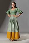 Buy_TheRealB_Yellow 80% Polyester Colour Block Pleated Skirt  _at_Aza_Fashions