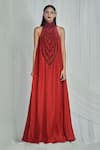 Buy_Mala and Kinnary_Red 100% Pure Habutai Silk Embroidery High Neck Embellished Gown  _at_Aza_Fashions