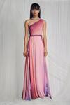 Buy_Mala and Kinnary_Pink 100% Georgette Embroidery Asymmetric Draped One Shoulder Gown  _at_Aza_Fashions