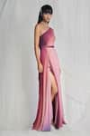 Mala and Kinnary_Pink 100% Georgette Embroidery Asymmetric Draped One Shoulder Gown  _Online_at_Aza_Fashions