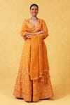 Buy_Trisvaraa_Yellow Pure Silk Organza V Neck Bridal Lehenga Set  _at_Aza_Fashions