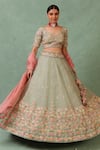 Buy_Trisvaraa_Green Pure Silk Organza V Neck Bridal Lehenga Set  _at_Aza_Fashions