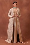 Buy_Trisvaraa_Beige Pure Silk Organza Notched Collar Jacket Lehenga Set  _at_Aza_Fashions