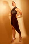 Nirmooha_Brown Lurex, Micro Halter Neck Corded Asymmetric Dress _at_Aza_Fashions