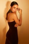 Shop_Nirmooha_Brown Lurex, Micro Halter Neck Corded Asymmetric Dress _Online_at_Aza_Fashions