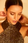 Shop_Nirmooha_Brown Lurex, Micro Halter Neck Corded Asymmetric Dress _at_Aza_Fashions