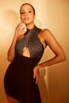 Buy_Nirmooha_Brown Lurex, Micro Halter Neck Corded Asymmetric Dress 