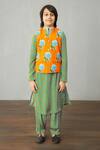 Buy_Torani_Orange Cotton, Silk Embroidery Floral Motif Bundi And Striped Kurta Set _at_Aza_Fashions