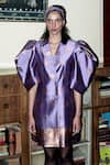 Joskai Studio_Purple Mulberry Silk Woven Xingkhap Motifs Notched Double Layered Blazer Dress _Online_at_Aza_Fashions