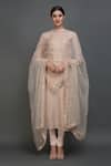 Buy_Talking Threads_Pink Dupatta- Net, Kurta, Pant- Pure Silk Gota Jewel Neck Embroidered Set _at_Aza_Fashions