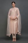 Buy_Talking Threads_Pink Dupatta- Net, Kurta, Pant- Pure Silk Gota Jewel Neck Embroidered Set _Online_at_Aza_Fashions