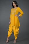 Buy_Talking Threads_Yellow Cotton Silk Square Neck Embellished Kurta Dhoti Pant Set  _Online_at_Aza_Fashions