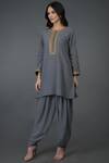 Talking Threads_Grey Cotton Round Embroidered Kurta Dhoti Pant Set _Online_at_Aza_Fashions