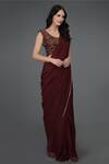 Talking Threads_Maroon Saree- Pure Chiffon Embroidery U Neck With Blouse  _Online_at_Aza_Fashions