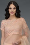 Shop_Talking Threads_Peach Pure Organza Silk Wide Neck Embellished Saree Set  _Online_at_Aza_Fashions