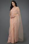 Buy_Talking Threads_Peach Pure Organza Silk Wide Neck Embellished Saree Set  _Online_at_Aza_Fashions