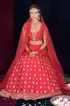Buy_Talking Threads_Red Pure Silk V Neck Embroidered Bridal Lehenga Set _at_Aza_Fashions