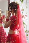 Buy_Talking Threads_Red Pure Silk V Neck Embroidered Bridal Lehenga Set _Online_at_Aza_Fashions