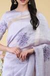 Talking Threads_Purple Silk Linen Floral, Zari Jewel Neck Embroidered Saree With Blouse _at_Aza_Fashions