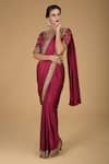 Talking Threads_Maroon Pure Satin Silk Round Zardozi Embroidered Saree With Blouse  _Online_at_Aza_Fashions