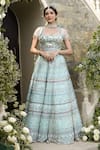 Tamaraa By Tahani_Blue Silk Taffeta And Net Embroidery Sequin V Neck Bridal Lehenga Set _Online_at_Aza_Fashions