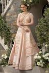 Tamaraa By Tahani_Peach Silk Mirror, Sequin, Bead And Cutdana V Neck Jacket Anarkali & Lehenga Set_Online_at_Aza_Fashions