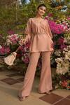 Buy_Tamaraa By Tahani_Pink Milano Satin Embroidered Floral Motifs V Siria Kaftan And Flared Pant Set _at_Aza_Fashions