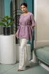 Shop_Tamaraa By Tahani_Purple Milano Satin Floral Motifs Round Solina Kaftan And Flared Pant Set_at_Aza_Fashions