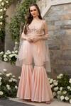 Buy_Tamaraa By Tahani_Pink Crepe And Net Sequin & Thread Sweetheart Embroidered Cape & Sharara Pant Set_at_Aza_Fashions