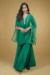 Talking Threads_Green Dupatta Net, Kurta And Sharara Chanderi Silk Zardozi V Neck Set _Online_at_Aza_Fashions