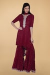Buy_Talking Threads_Maroon Georgette Mukaish, Tikka Notched Embroidered Kurta Gharara Set _at_Aza_Fashions