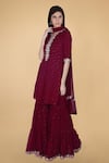 Buy_Talking Threads_Maroon Georgette Mukaish, Tikka Notched Embroidered Kurta Gharara Set _Online_at_Aza_Fashions
