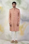 Buy_Talking Threads_Peach Pure Silk Crystal, Zardozi Embroidered Sherwani Set _at_Aza_Fashions