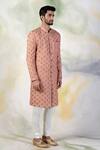 Talking Threads_Peach Pure Silk Crystal, Zardozi Embroidered Sherwani Set _Online_at_Aza_Fashions