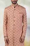 Shop_Talking Threads_Peach Pure Silk Crystal, Zardozi Embroidered Sherwani Set _Online_at_Aza_Fashions