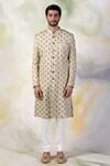 Buy_Talking Threads_Cream Pure Silk Crystal, Zardozi Embroidered Sherwani Set _at_Aza_Fashions