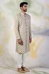 Talking Threads_Cream Pure Silk Crystal, Zardozi Embroidered Sherwani Set _Online_at_Aza_Fashions