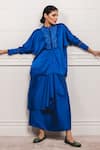 Buy_Tarun Tahiliani_Blue Satin Lycra Band Collar Embroidered Top With Draped Skirt _Online_at_Aza_Fashions