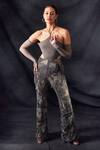 Buy_Nikita Mhaisalkar_Grey Lycra Tulle Plain Halter Neck Cold Shoulder Bodysuit _at_Aza_Fashions