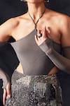 Buy_Nikita Mhaisalkar_Grey Lycra Tulle Plain Halter Neck Cold Shoulder Bodysuit _Online_at_Aza_Fashions