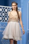 Buy_Tamaraa By Tahani_Beige Tulle, Duchess Satin Round Embroidered Dress _at_Aza_Fashions