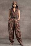 Buy_Tarun Tahiliani_Black Printed Floral Pattern Frill Lapel Blouse And Draped Trouser Set _at_Aza_Fashions