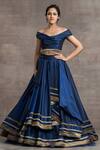 Buy_Tarun Tahiliani_Blue Silk Taffeta Tassels V Off-shoulder Off Blouse And Draped Lehenga Set_at_Aza_Fashions
