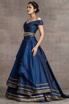 Tarun Tahiliani_Blue Silk Taffeta Tassels V Off-shoulder Off Blouse And Draped Lehenga Set_Online_at_Aza_Fashions