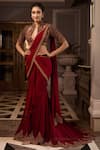 Buy_Tarun Tahiliani_Maroon Embroidery Dori High Neck Pre-draped Saree With Blouse _at_Aza_Fashions