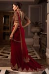 Tarun Tahiliani_Maroon Embroidery Dori High Neck Pre-draped Saree With Blouse _Online_at_Aza_Fashions