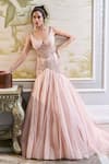 Buy_Tarun Tahiliani_Peach Poly Organza And Tulle Embroidery Dori & Zardozi V Neck Fit & Flare Gown _at_Aza_Fashions