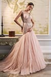 Shop_Tarun Tahiliani_Peach Poly Organza And Tulle Embroidery Dori & Zardozi V Neck Fit & Flare Gown _at_Aza_Fashions