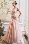 Tarun Tahiliani_Peach Poly Organza And Tulle Embroidery Dori & Zardozi V Neck Fit & Flare Gown _Online_at_Aza_Fashions