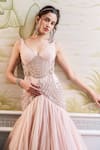 Buy_Tarun Tahiliani_Peach Poly Organza And Tulle Embroidery Dori & Zardozi V Neck Fit & Flare Gown _Online_at_Aza_Fashions